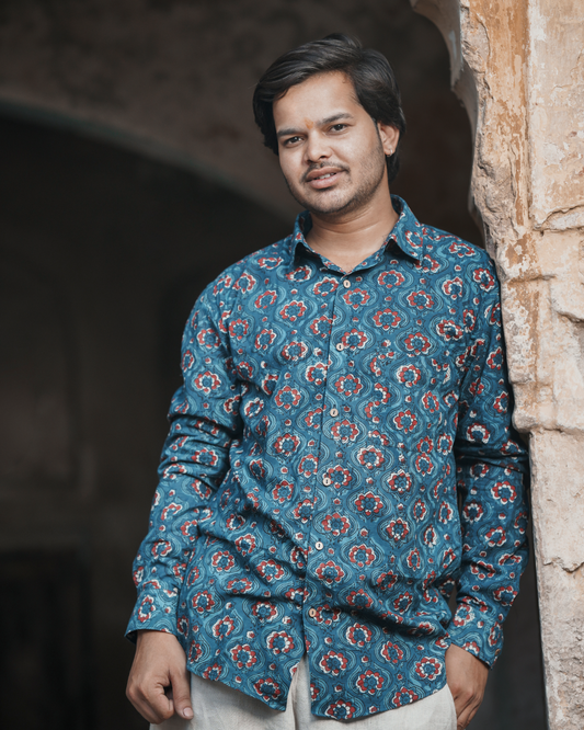 Karvaah- Azure Bloom Heritage Natural Dye Print Cotton Shirt