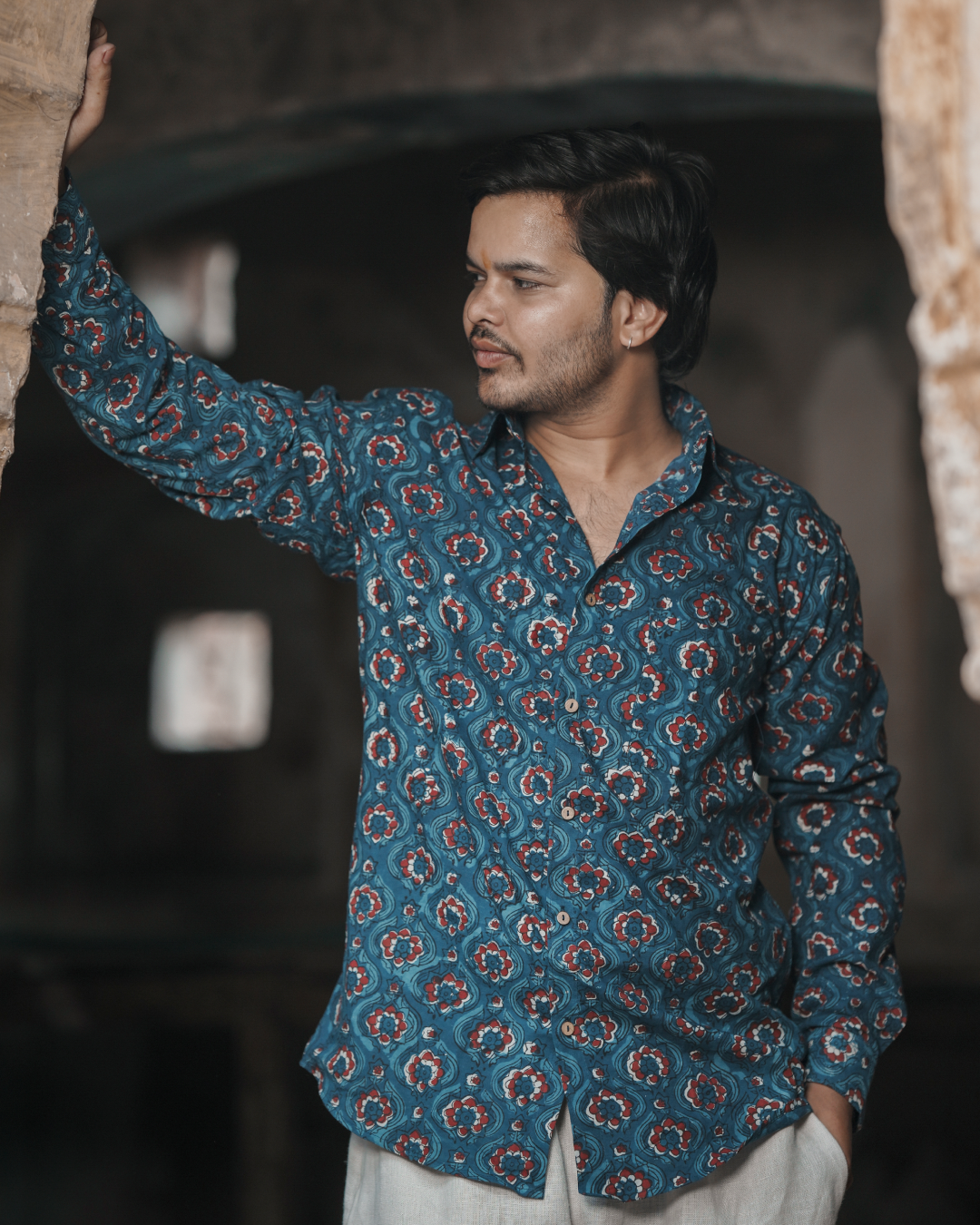 Karvaah- Azure Bloom Heritage Natural Dye Print Cotton Shirt