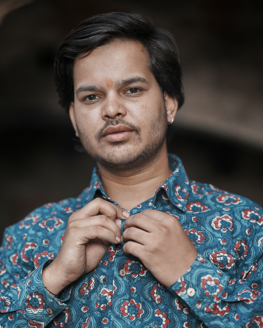 Karvaah- Azure Bloom Heritage Natural Dye Print Cotton Shirt